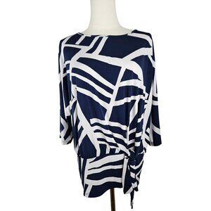 Clara Sunwoo Top XL Navy & White Abstract Print Tie Waist Artsy Faux Wrap